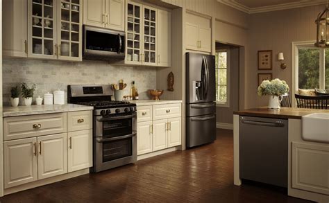 black stainless steel appliances with cream cabinets|black stainless steel cabinet color schemes.